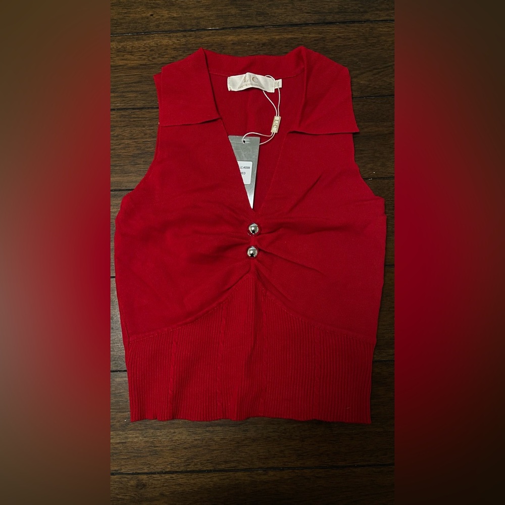 Red Sleeveless Knit Crop Top with Button Detail
